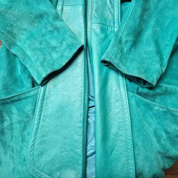 VTG Turquoise Leather Suede Coat Lindzon by Bellissimo Canada Open Front Boho - Picture 4 of 6